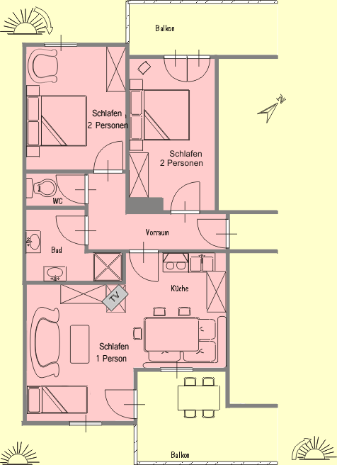 Apartment Nr.7 für 2-4 Personen im Obergeschoß - 
                Im gleichen Stockwerk befindet sich auch das Apartment  Nr. 5 und Nr. 7