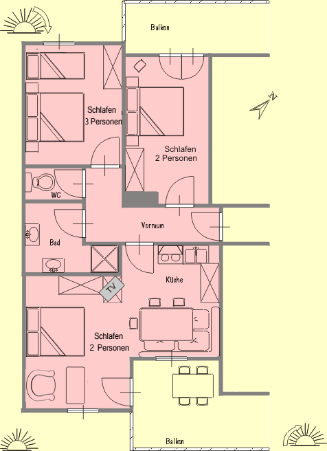Apartment Nr.7 für 2-4 Personen im Obergeschoß - 
                Im gleichen Stockwerk befindet sich auch das Apartment  Nr. 5 und Nr. 7