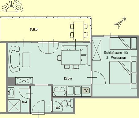 Apartment Nr.7 für 2-4 Personen im Obergeschoß - 
                Im gleichen Stockwerk befindet sich auch das Apartment  Nr. 5 und Nr. 6